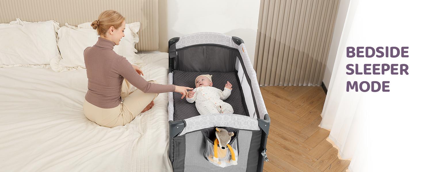 Dripex Baby Bassinet Bedside Sleeper, Adjustable Height, Includes Mattress Sheet, Portable Playpen Travel Bed with Storage Foldable Crib for Newborns Infants Folding Cot