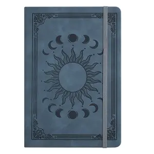 A5 Journal Notebook, 1 Count Sun & Moon Embossed Faux Leather Cover Notebook, Lined Paper Notebook with Pen Loop, Elastic Closure, Ribbon Bookmarks, Travel Diary Notebook