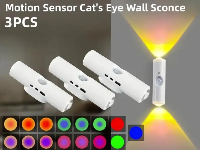 RGB Adjustable Smart Motion Sensor Wall Light (3/4pcs), LED USB Rechargeable Bedside Night Light, Ideal for Halloween, Bedroom & Office Ambient Lighting,summerwins