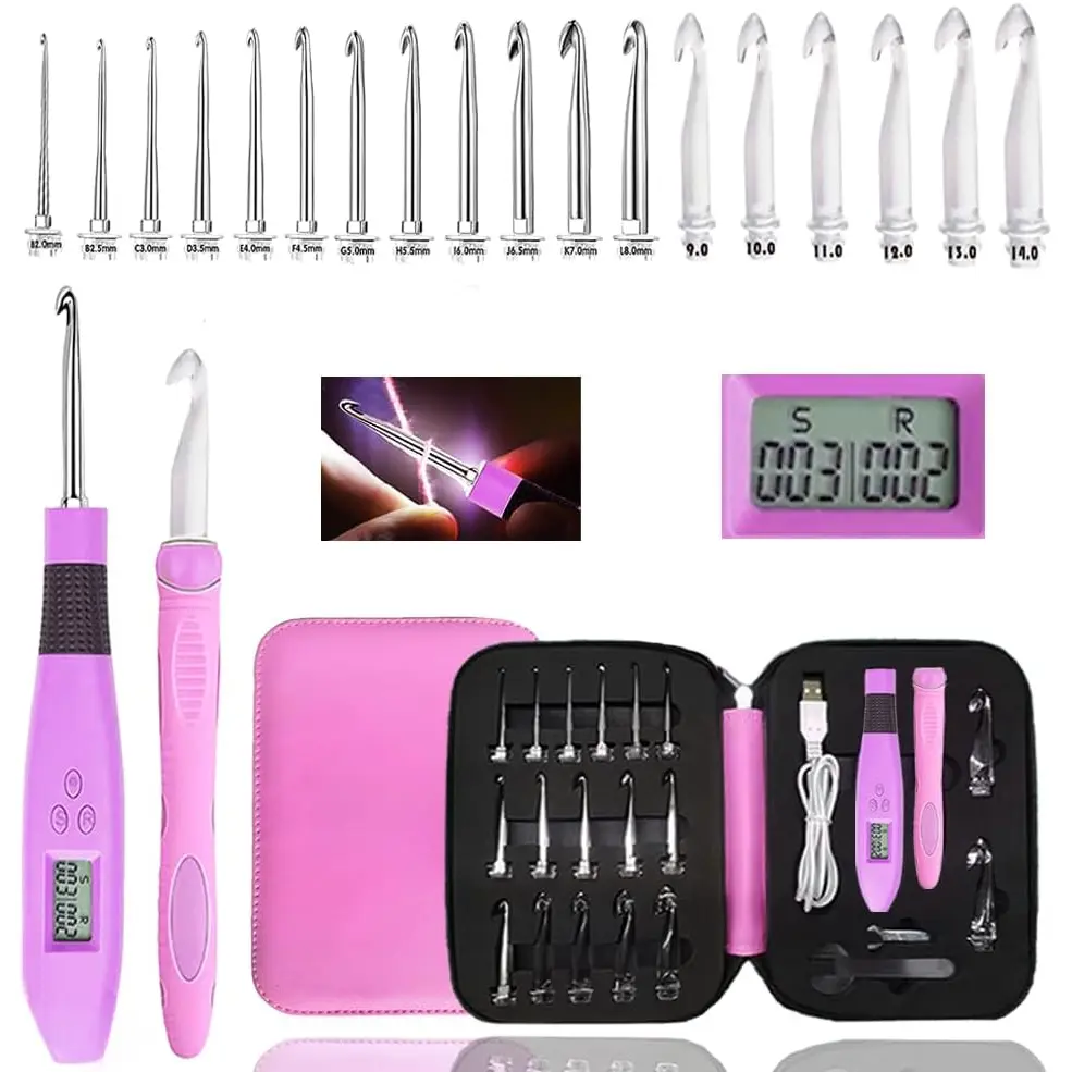 18 Size Counting Light Up Crochet Hook,Digital Crochet Hooks with Stitch Counter,Lighted Metal Crochet  with Case