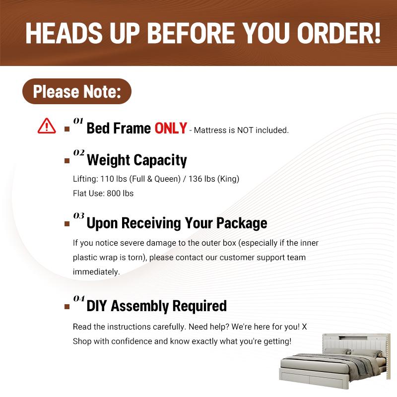 TryLazy Upholstered Flatform Bed Frame with 4 Storage Drawers No MATTRESS Queen Size Wood Slats Holds 900lbs No Noise No Box Spring Needed Full King Twin White Rivet Design USB Socket