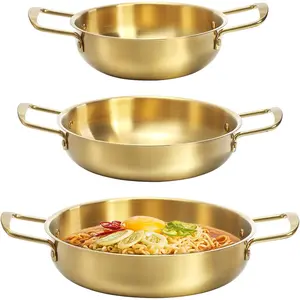 Three-Piece Korean Ramen Pot with Handle Stainless Steel Daily Flat Pan Gold Korean Cooking Pot for Soup Noodles Pasta Home Outdoor Dishwasher Safe Size 7 Inches 8.7inch 9.5inch