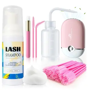 Buqikma Lash Shampoo - 60ML Lash Cleanser with Fan Brush, Rinse Bottle and 50 Pcs Mascara Brush, Rich Foam Wash for Eyelash Extensions at Home (Pink)
