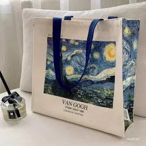 Women's Van Gogh Starry Night Canvas Tote Bag - Large Zipper Shoulder Bag with Inner Pocket, Art Aesthetic Book Tote