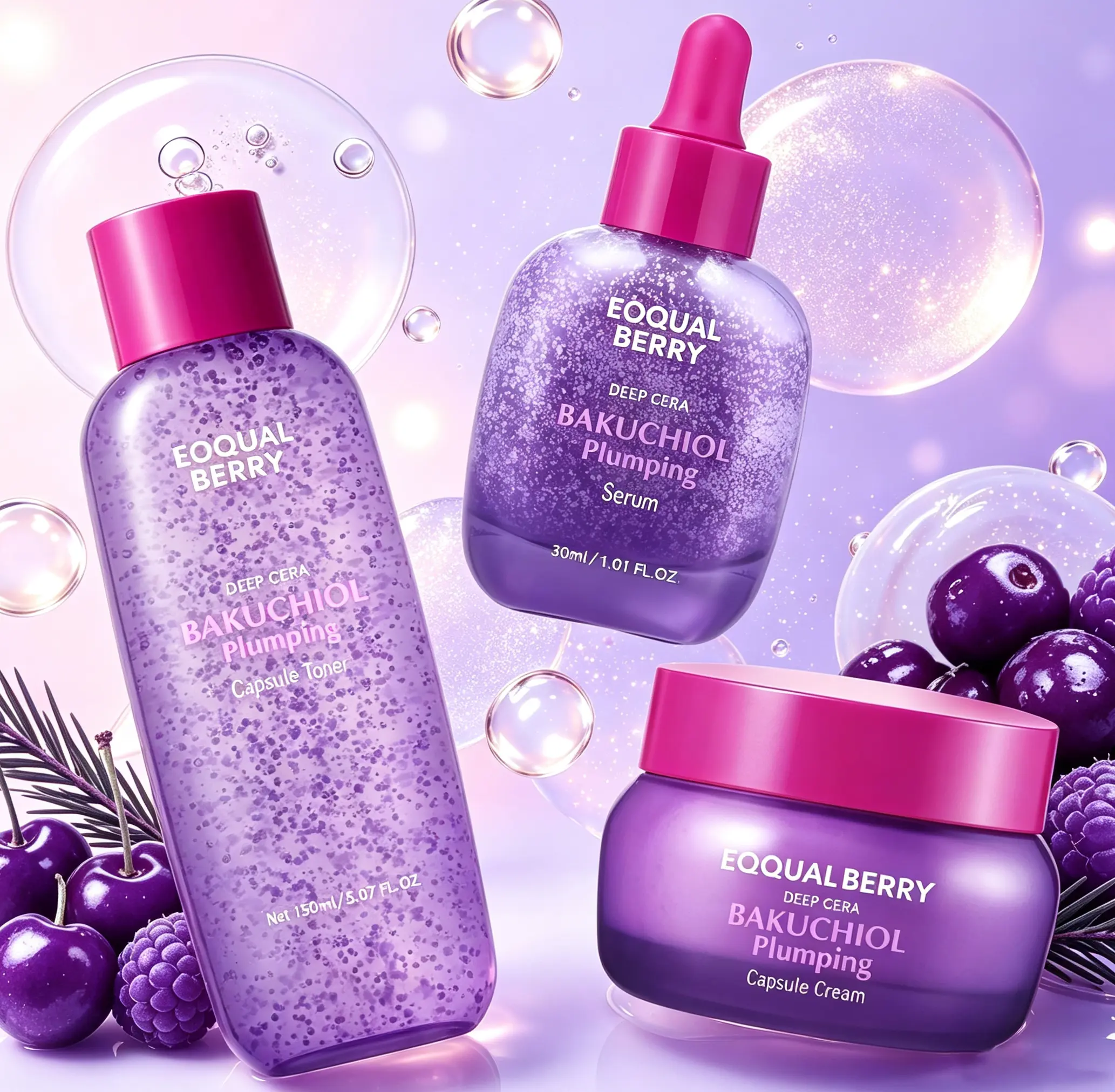 Eqqualberry Skincare Set (Toner + Serum + Cream) For Plump, Firm & Smooth Skin | Korean Beauty, 1.01 fl.oz