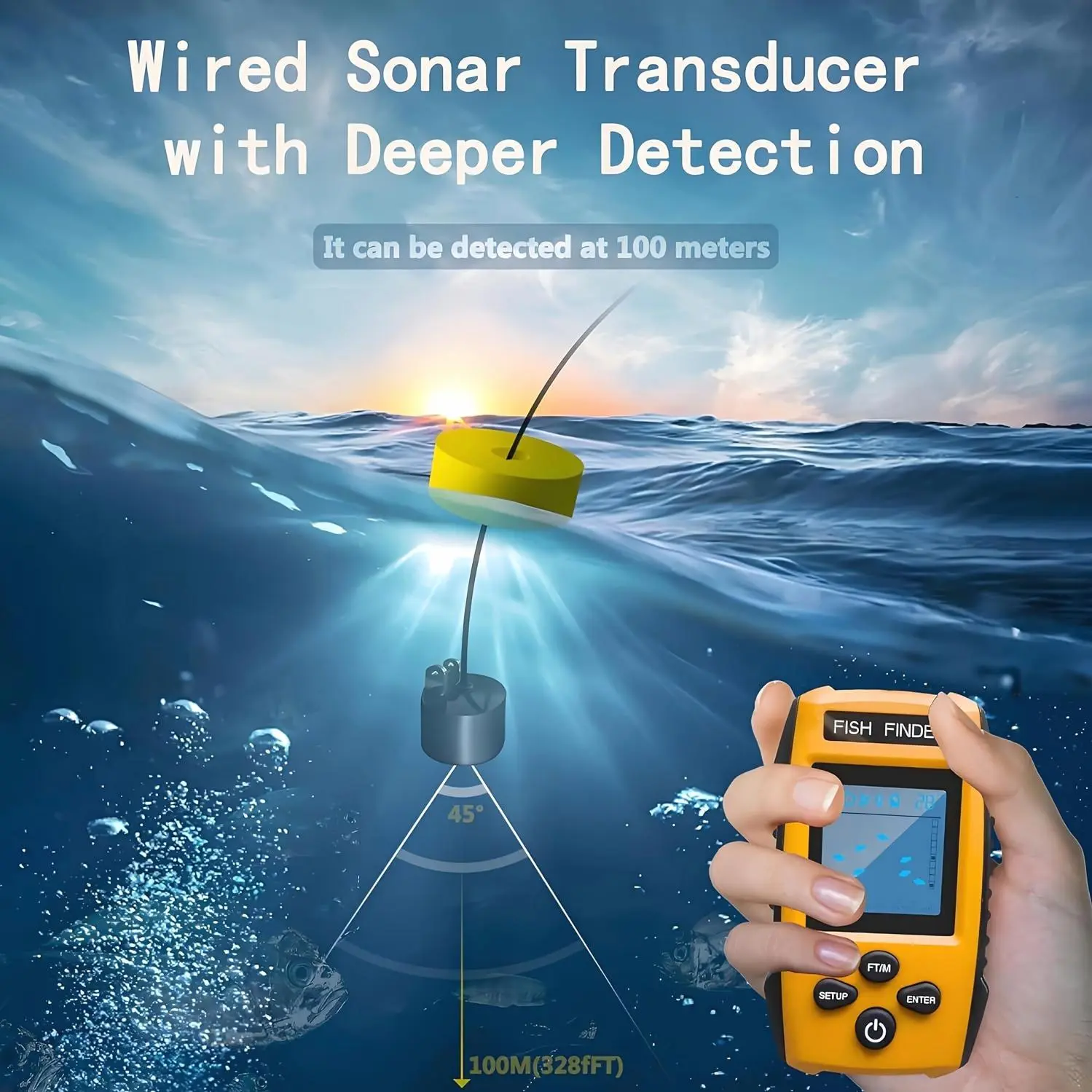 Portable Fish Finder With Sonar Sensor, Handheld Depth Finder For Kayak Ice Fishing LCD Display Water Depth Fish Finder 3937.01inch Range Backlight, IP68 Waterproof, Without Battery