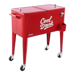 VEVOR 80 Quart Rolling Ice Chest, Holds up to 50 Bottles/ 110 Cans, Portable Patio Party Bar Drink Cooler Cart with 4 Swivel Casters (2 with Brakes), Beverage Cooler Trolley with Bottle Opener, Red