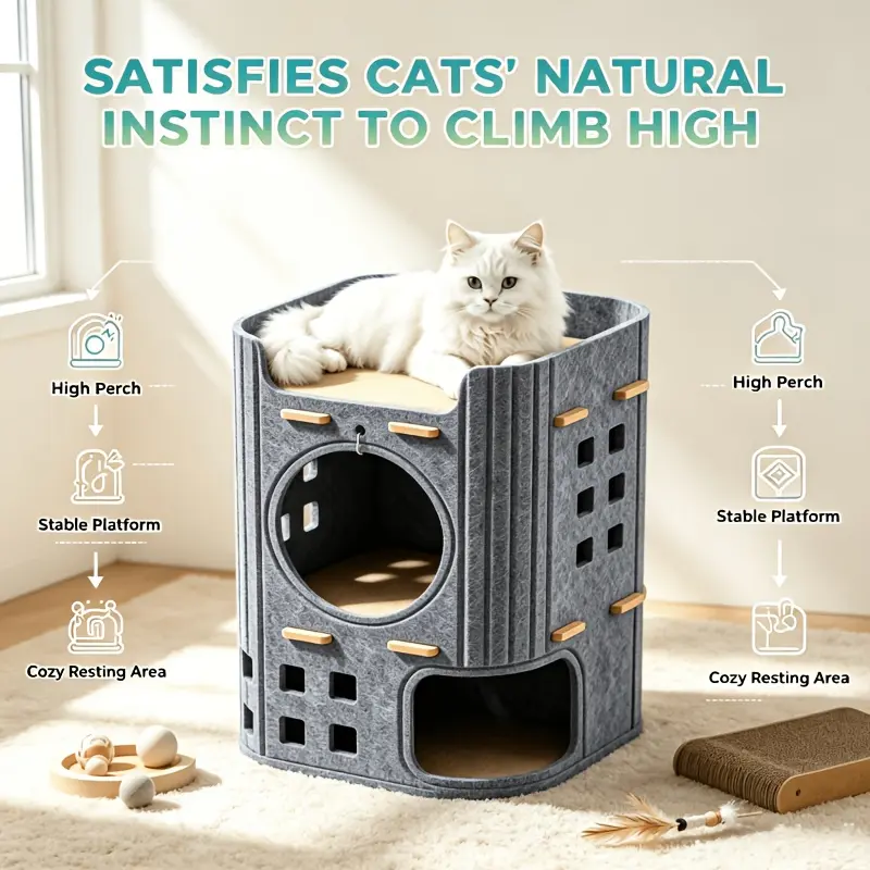 2-Level Double-Decker Cat Bed - Solid Seamless Felt Indoor Aesthetic Pet Furniture, Semi-Enclosed Design for Ventilation & Privacy, Cozy Resting Spot for Feline Companions