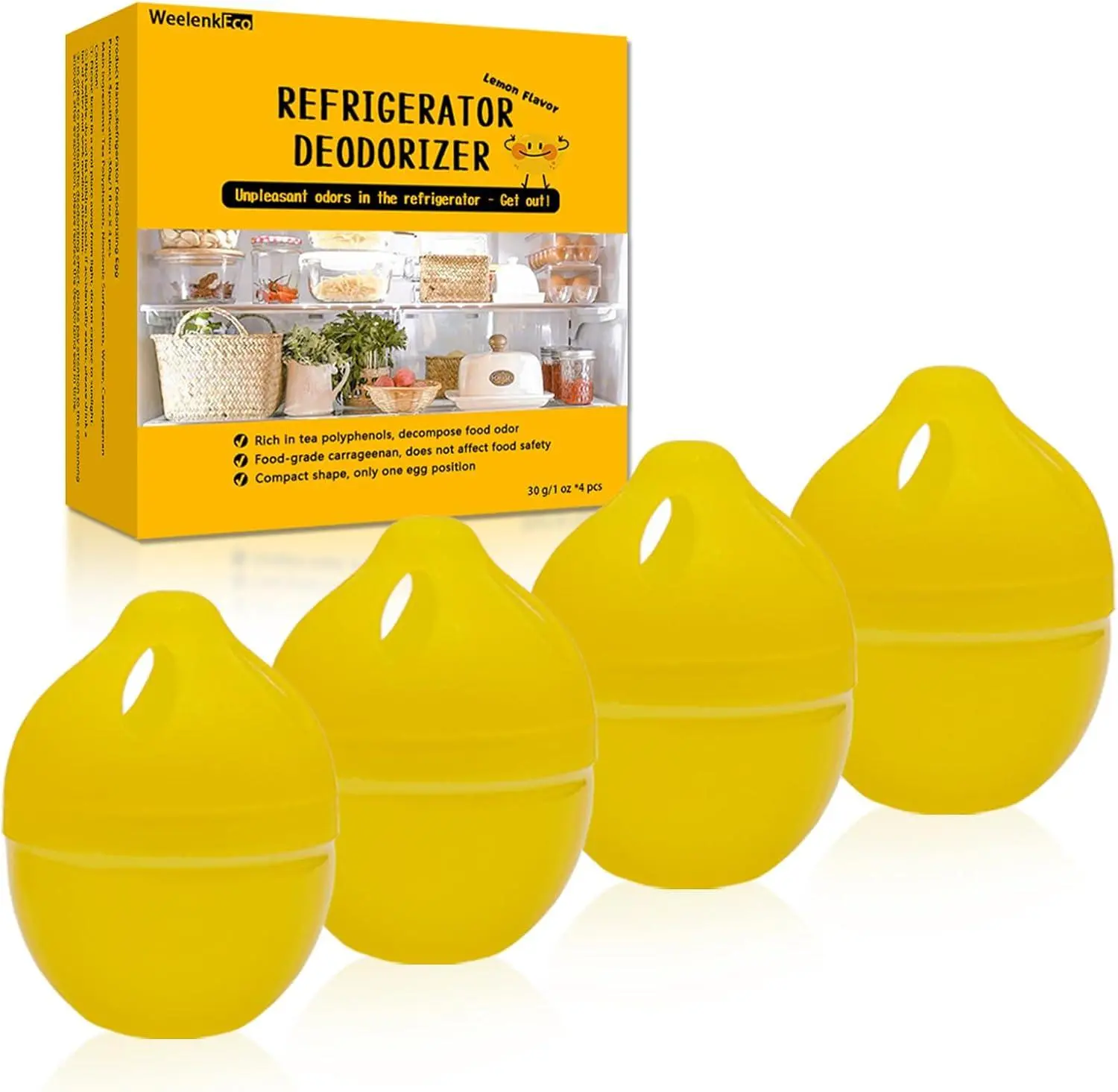 Refrigerator Deodorizer – More Effective than Baking Soda, Effectively Removes Stubborn Refrigerator Odors, Natural Gel (4 Pcs/Lemon Flavor) WeelenkEco