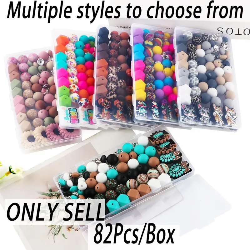 Silicone Beads Kit, 82pcs/box Beads Making Kit, Bead Assortment, Handmade Beading Material, DIY Jewelry Making Supplies for Bracelet Necklace Earrings Pendant Making, DIY Crafts, Handmade Gifts, Beads Set, DIY Beading Accessories