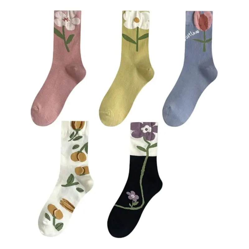 Women's 5-Pair Comfortable Floral Mid-Length Crew Tube Socks Set - Polyester-Cotton Casual Socks with Cute Prints for Everyday Use, Clothes Outfit Matching (Spring/Summer Style)