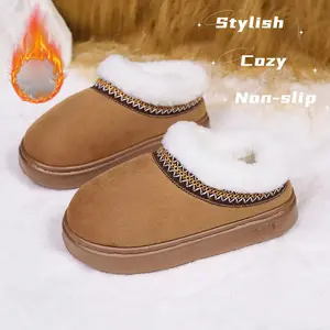 Women's Ankle Boots,Retro House Slippers Braided Leather Outdoor Suede  Mini Platform Boots,Fluffy Fur Lining Short Ankle Boots for Autumn Winter Warm Walking Shoes Trendy Cozy Winter Slippers for Ladies Platform Boots