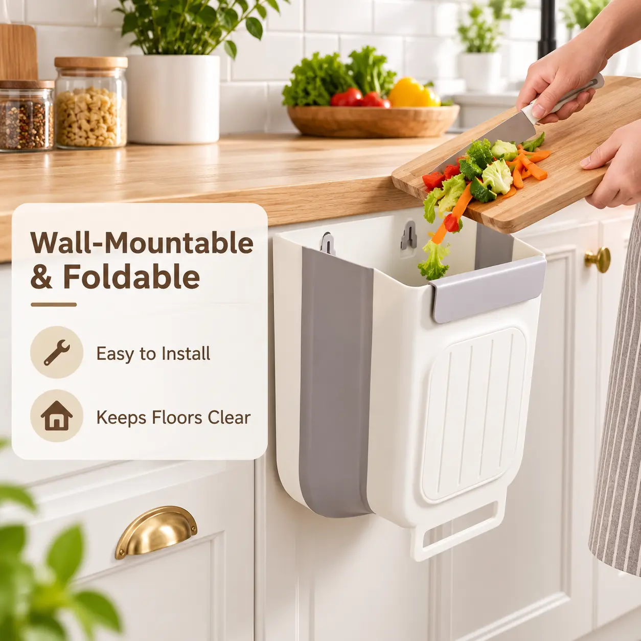 Collapsible Hanging Kitchen Trash Can, Over-the-Cabinet Door Foldable Waste Bin for Food Scraps, Wall-Mounted Space Saving Compost Bin for RV, Bathroom & Small Spaces