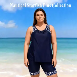 Premium Chlorine-Resistant Quick-Dry Plus-Size Tankini, UPF50+ Sun Protection, High-Elastic Nylon, Tummy Control Starfish Print Swimsuit