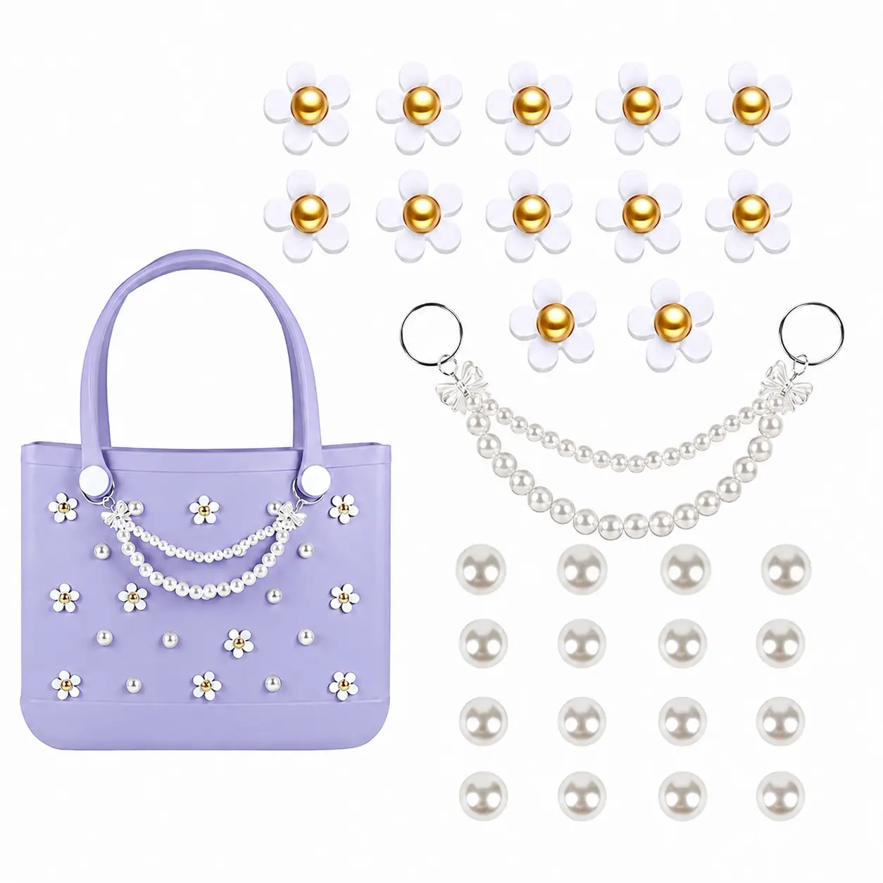 Women's 23Pcs Feminine Bogg Bag Charm Set - Charms for Bags, Trendy Fashion Pearl Flower Chain Bling Inserts, Compatible with Rubber Beach & Simply Southern Totes, Cute Accessories
