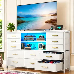 Raybee TV Stand for 60" TV with LED & Charge Station, Entertainment Center with 12 Fabric Drawers Dresser for Living Room, Entryway, Bedroom