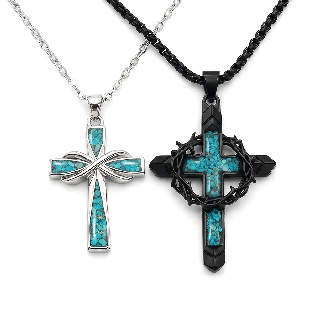 2PC Turquoise Inlaid Cross Pendant Necklace for Men Women| Western Vintage Thorn Crown & Ribbon Cross Chain, Two Tone Metal Neutral Stackable Jewelry for Daily Outdoor & Sentimental Keepsake Gift