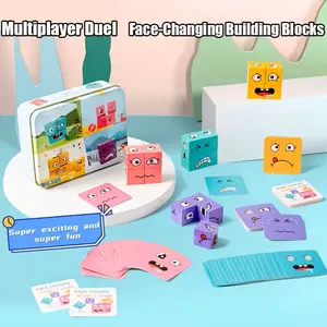 Wooden Face Changing Magic Cube Game, Expression Puzzle Building Blocks Pattern Matching Game, Educational Puzzles Toy Board Games for Kids and Adults without bell