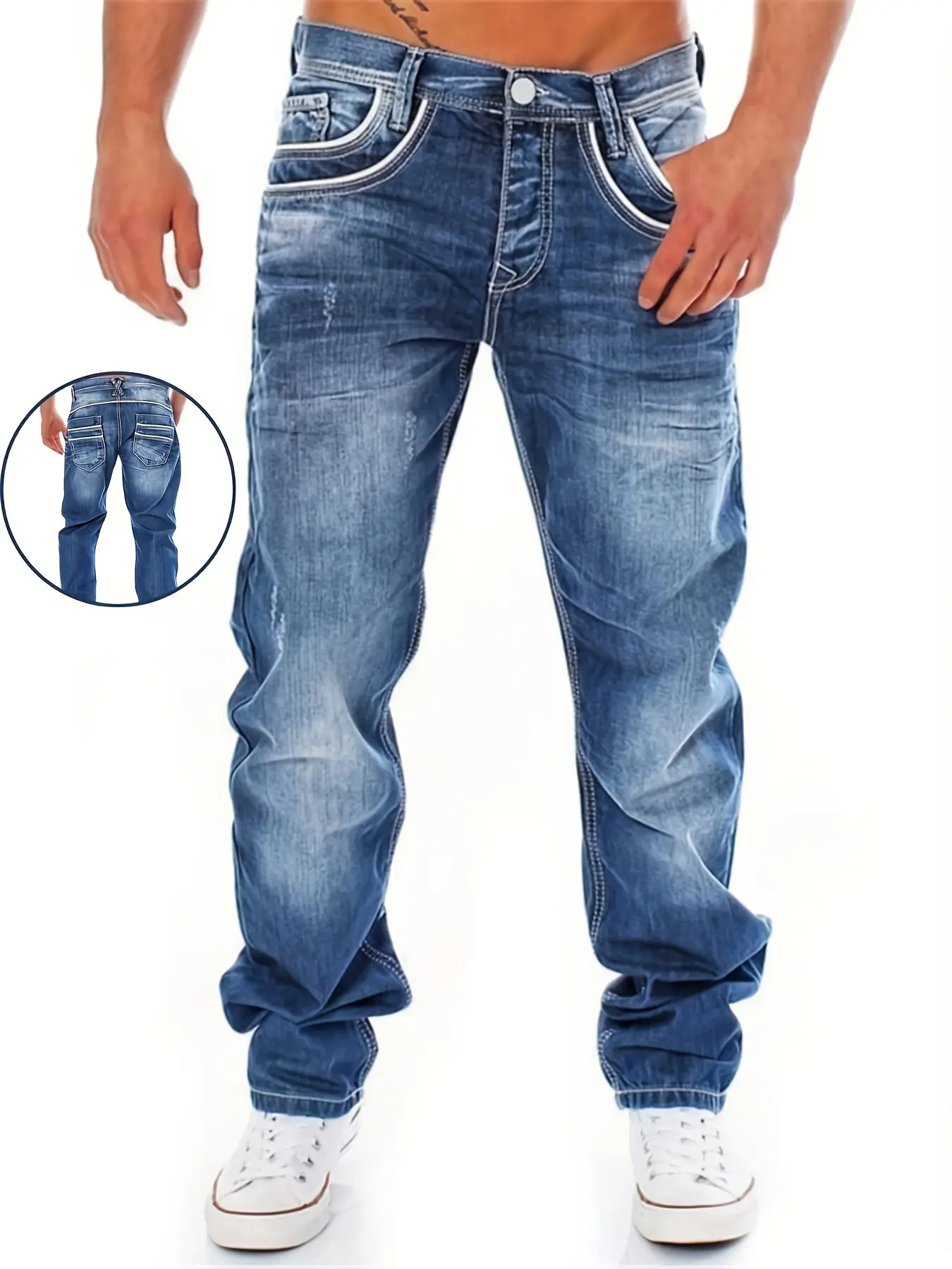 Men’s stretch, design-forward slim straight jeans with a distressed look; men’s loose retro-wash straight jeans with contrast stitching; casual street style retro-wash distressed everyday denim; trendy, versatile men’s long jeans with a relaxed waist and
