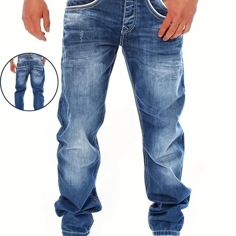 Men's Denim Pants - Streetwear Menswear Trousers with Stretch, Design-Forward Slim Straight, Distressed Look, Retro-Wash, Contrast Stitching, Relaxed Fit, Relaxed Waist, Casual Everyday Versatility
