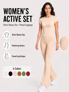 Women's Two-Piece Sport Set, Short Sleeve Top with Pockets, High-Waisted Yoga Pants, Casual Athletic, Below the Knee Length, Matching Workout Set