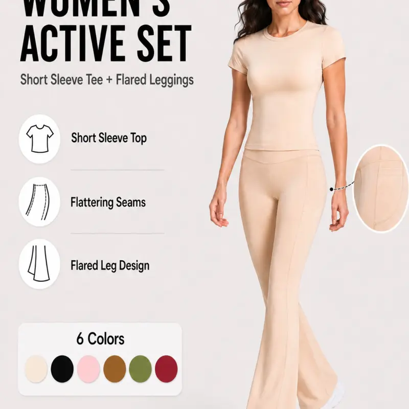 Women's Two-Piece Short Sleeve Top & Pockets High-waisted Yoga Pants Sport Set, Gym Yoga Outfits, Casual Athletic Matching Workout Set, Casual Activewear Set, Athletic Clothing Set, Women Workout Clothes