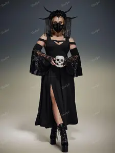 Rgothic Plus Size Flower Rose Lace Bell Sleeves Cold Shoulder Stripe Panel Ruched Halloween A Line Dress fall dress Formal Black Vneck dress thanksgiving outfits black women plus size women's clothing elegant outfits plus size thanksgiving outfit