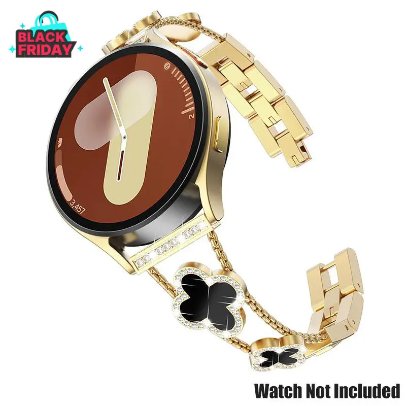 Women's 20mm 4 Leaf Clover Smartwatch Band Accessory for Samsung Galaxy Watch 7/6/5/4, Premium Brass Alloy, 5.3"-7.2" Tool-Free Adjustable, Sparkle Rhinestone Accents, Secure Steel Clasp, Daily Wear Durable Elegant Holiday Gift, Accessories, Smartwatch St