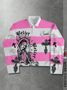 Unisex Y2K Style Virgin Mary & Saints Cross Graphic Print Striped Fitted Hoodie, Casual Streetwear, Couple, Trendy Pullover, Men's Gift