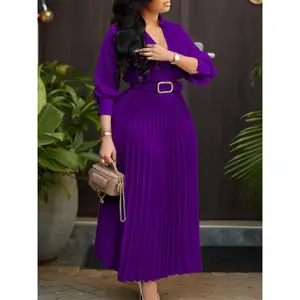 D3327 Women's Plus Size Wrap V Neck Dress 3/4 Lantern Sleeve Belted Pleated Maxi Dress, Casual Wear, Basic