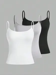 Women's Solid Color Sleeveless Cami Top, Casual Tank Top, Casual Adjustable Spaghetti Strap Top for Daily Wear, Ladies Clothes for All Seasons