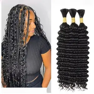 GK Human Braiding Hair for Boho Braids,  120g Deep Wave Boho Hair for Braiding Bohemian Bulk Human hair No Weft Extensions for Braid with Curly Ends Natural Black