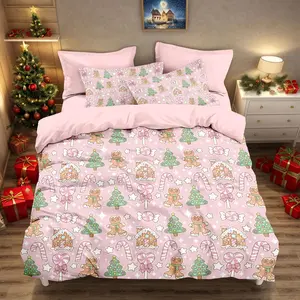 Series 3-Piece Gingerbread Man Christmas Tree Candy Cane Print Soft Bedding Sets, Polyester Fiber, Includes One Fitted Sheet and Two Pillowcases