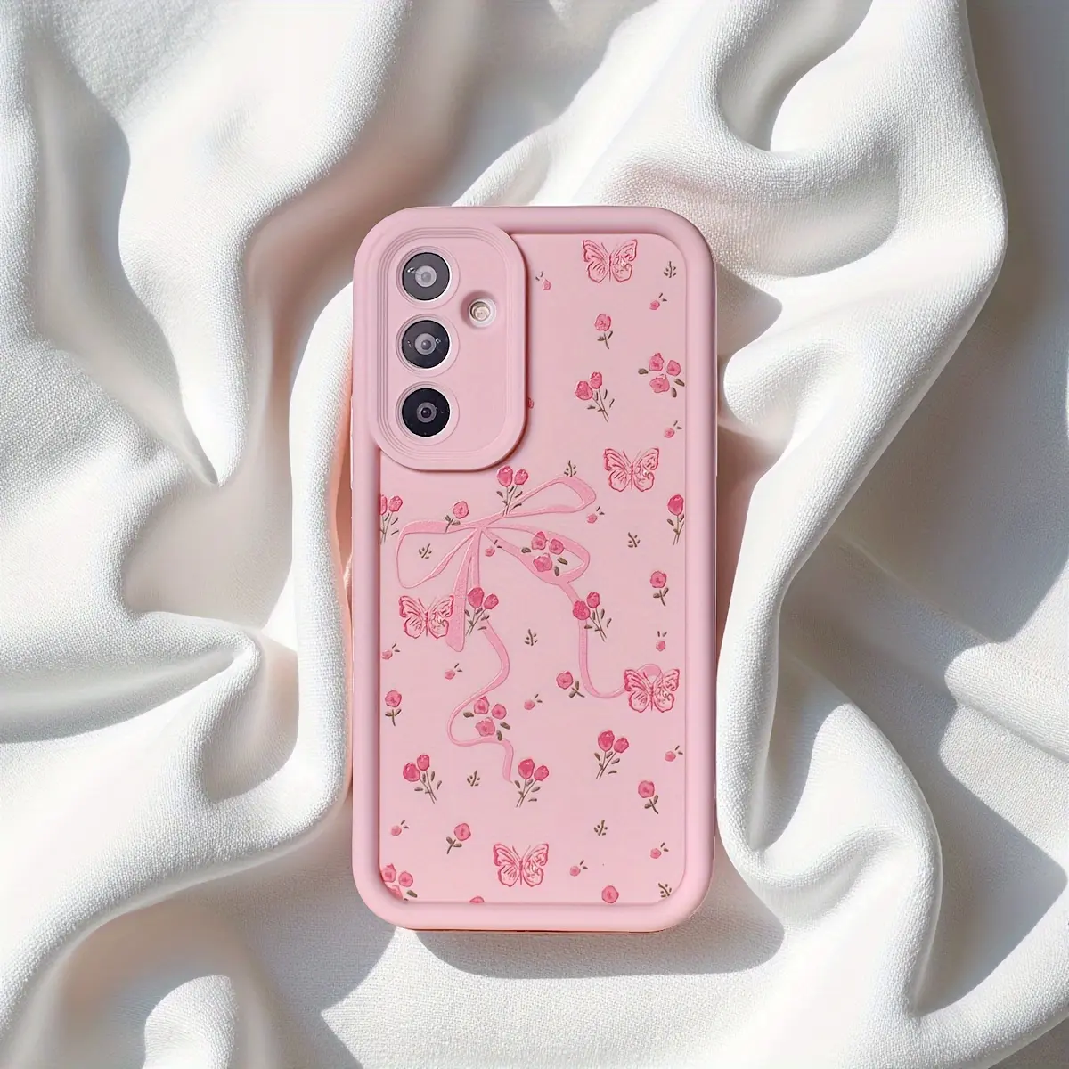 Frosted Pink Smartphone Case with Pink Floral Bow, Cute Cartoon, Delicate Butterflies, Durable Soft Protection for Samsung Galaxy S26 S25 S24+ S23 S22 S21 Ultra FE Note20 A54 A53 A52 A36 A35 A34 A33 A17 A16 A15 A14 (Handheld-Friendly), Shockproof, Adult,