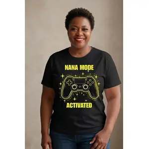 Nana Mode Activated Yellow Streetwear Top Bottom 100% Cotton Fitted Short Sleeve Crew Neck Casual Unisex Tee for Gaming Enthusiasts and Grandmas Fabric Womenswear with Gaming Controller Elements and Bold Typography