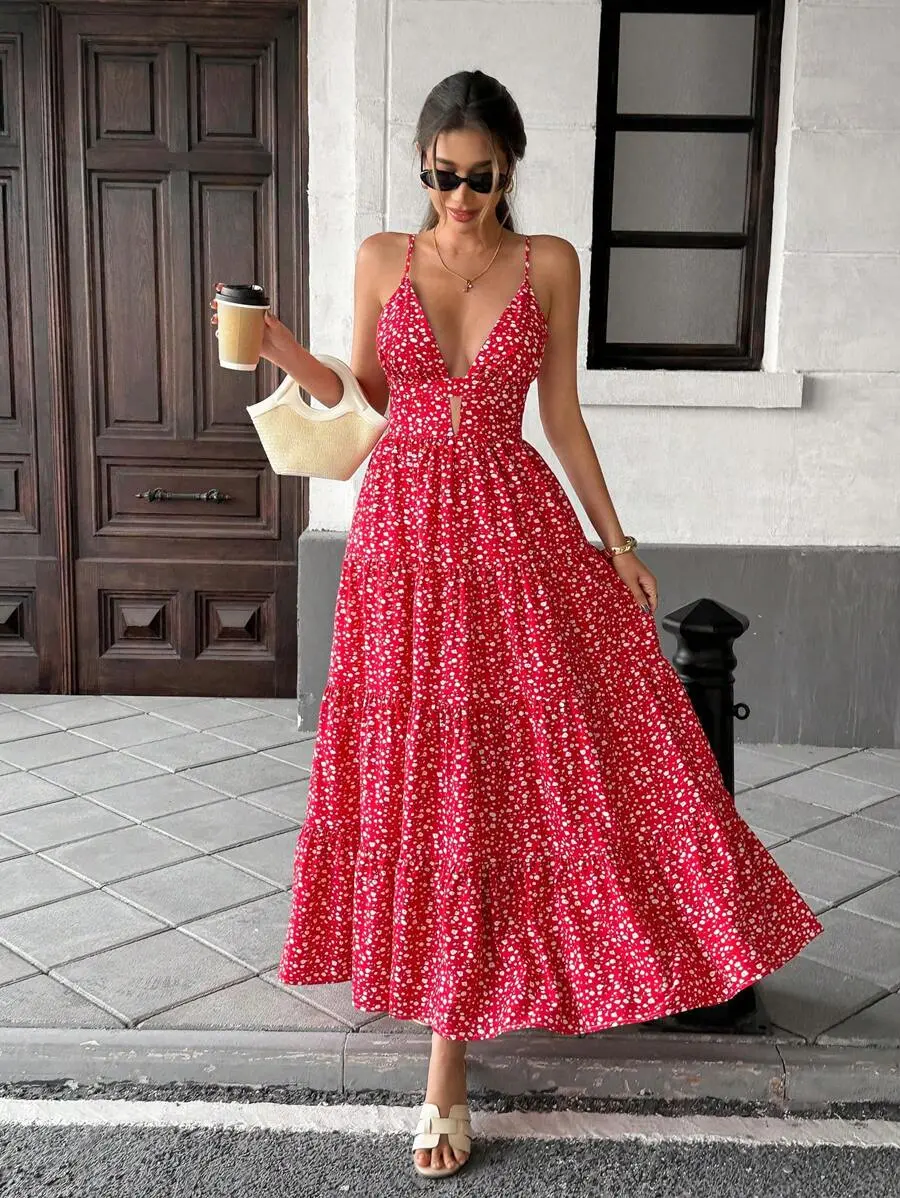 h&m red floral dress H&M Off The Shoulder Red Floral Size 14 Dress Ruffle Sleeve Shift Style