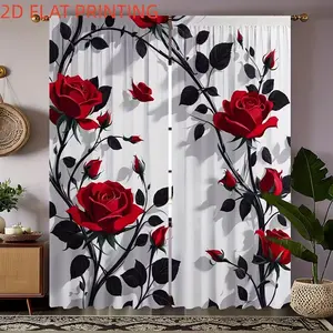 Elegant Rose Print Curtains Set of 2, Vibrant Roses and Leaves on Background, Water Washable Polyester Microfiber Drapes