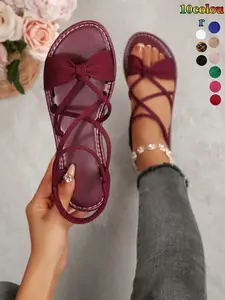 2026 Spring Summer New Women's Bow Cross Strap Flat Sandals, Cross Tied Sandals, Casual Outdoor Beach Shoes, Textile Upper, Rubber Sole
