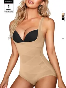 Women's Solid Color Open Bust Adjustable Hook & Eye Closure Crotch Shapewear Bodysuit, Breathable Comfort Tummy Control Push Up Chest Shaper