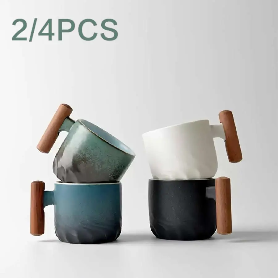 2/4pcs Italian Espresso Ceramic Coffee Cups 60ML Latte Cup, Coffee Mugs, Ceramic Beverage Cup, Coffee Cup Set, Mini Size with Wooden Handle, Vintage Style, Reusable, Hand Wash Only, Perfect Gift