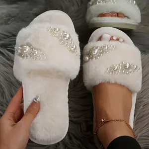 [Warm Faux Pearl Slippers Decor] Faux Pearl Decor Home Warm Slippers, Slip On Soft Sole Flat Non-slip Shoes, Winter Plush Cozy Indoor Shoes