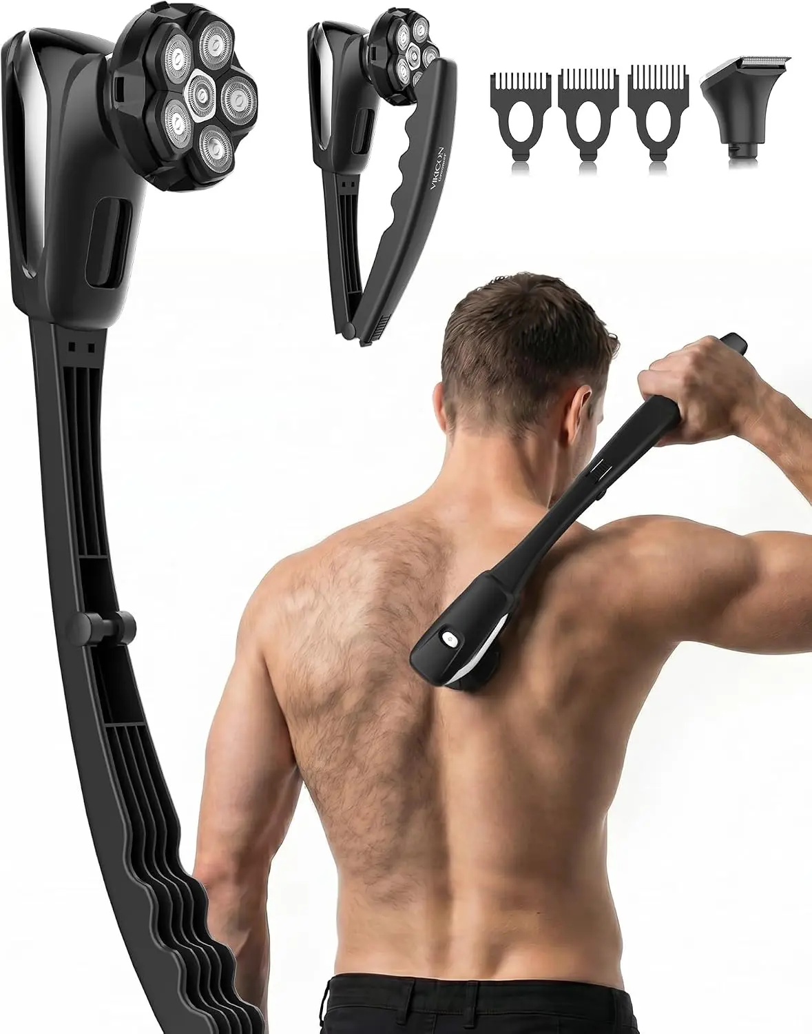 VIKICON Electric Back Razor for Men, 6D Body Trimmer with Long Detachable Handle, Smooth Hair Removal, 2-in-1 Head System, Extended Reach, Contour-Fit Shaving, Waterproof Wet/Dry Self Grooming, Silver Black
