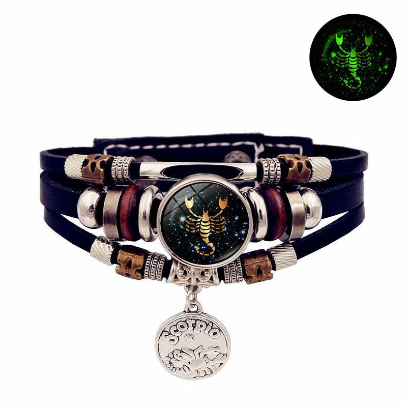 Luminous 12 Zodiac Signs Leather Bracelet — Unisex Gift, Commemorative, Handmade, Multi-Layer Beaded Wristband & Creative Jewelry