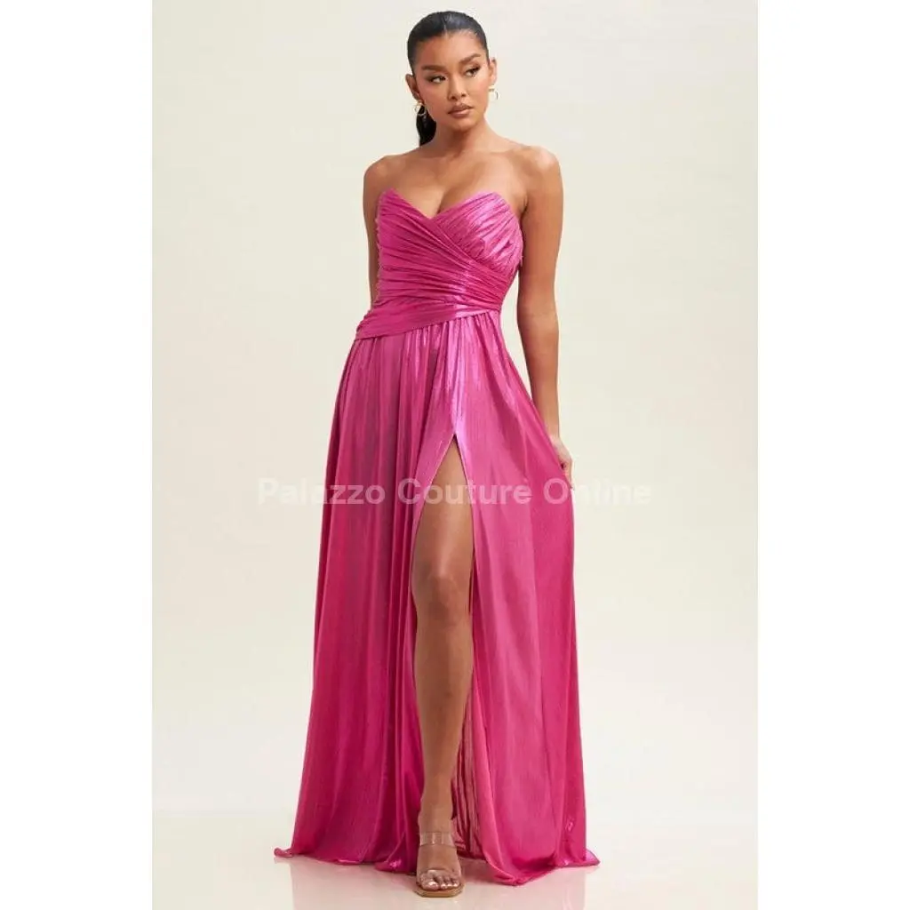 Ainsley Metallic Pleated Maxi Dress (Magenta)