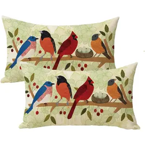 Spring Summer Birds Lumbar Decorative Throw Pillow Covers 12 x 20 t of 2, Green Rectangular Cardinal Bluebird Bullfinch Hooded Oriole Outdoor Home Decor, Branch Nest Egg Couch Cushion Ca
