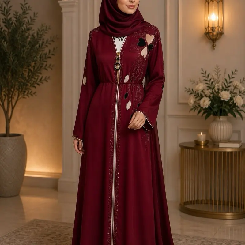 Women's Islamic #68 Dubai Luxury 2-Piece Abaya Set, Long Bell Sleeves, V-Neck, Regular Fit, with Matching Hijab and Beading Accent Belt, Long Sleeve, All Over Print