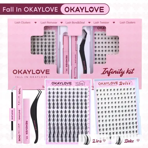 OKAYLOVE Synthetic Fiber Eyelash Cluster Kit - Lightweight CC & D Curl Upper & Bottom Cosmetic Manga Dramatic Lashes, Makeup Adhesive, DIY Beauty Set (Lira|Dolce)