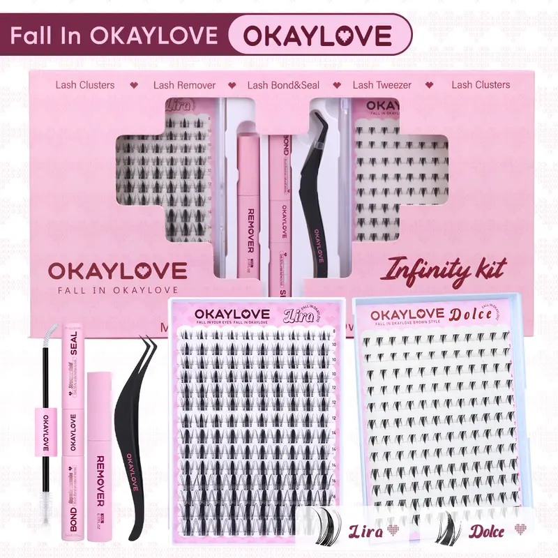 OKAYLOVE Synthetic Fiber Eyelash Cluster Kit - Lightweight CC & D Curl Upper & Bottom Cosmetic Manga Dramatic Lashes, Makeup Adhesive, DIY Beauty Set (Lira|Dolce)
