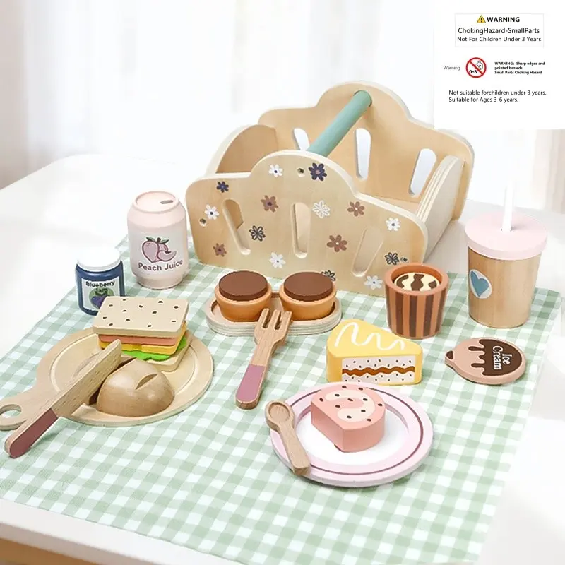 Realistic Picnic Basket Role Play Toy, Cut Cake and Bake Pastries, Baby Pretend Chef Fun, Kids Cooking Game, Educational Playset, Wooden Pretend Kitchen, Play Food Accessories, Toddler Cooking Playset