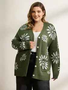 【 Pocket Approved 】 Bloomchic Floral Jacquard Button Pockets Knit Cardigan Army Green Long Sleeve Deep V Neck Loose Fit Winter Tops Women's Wear Fit Knitwear Sleeve Womenswear Tops cardigan